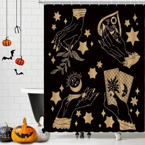 Vista 2 de GCTNBJL Cortina de ducha de bruja, diseño de palmistría, espeluznante Ouija, sol, luna, hojas de mano, estrella, bohemio, tarot, magia, alquimia