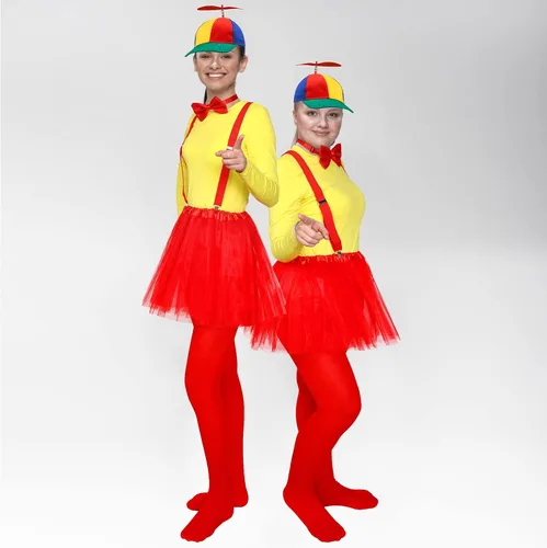 Vista 5 de 6 sombreros de payaso con parte superior de arcoíris, pajarita en Y, tirantes estilo tutus, falda tutú, medias con pies, camiseta amarilla para mujer