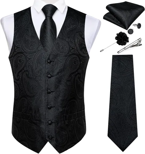 Vista 16 de DiBanGu Juego de chaleco y corbata para hombre, chaleco formal de cachemira y corbata con bolsillo cuadrado y gemelos, de seda, para traje o Verde