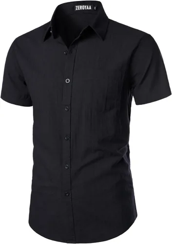 Vista 3 de ZEROYAA Camisas de manga corta con botones y algodón y lino para hombre, ligeras, con bolsillo