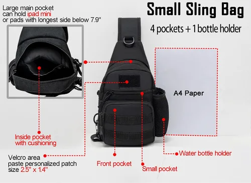 Vista 3 de Ait fish Pequeña bolsa táctica cruzada para hombres y mujeres mochila de un hombro para senderismo viajes color negro Negro - Mochilas Daypack