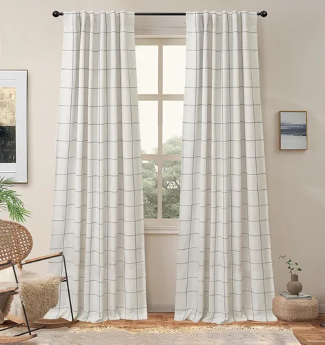 Vista 15 de DriftAway 2 paneles cortinas de lino a cuadros 100% opacas de doble capa cortinas para dormitorio de 96 pulgadas de largo estilo granja con Gris