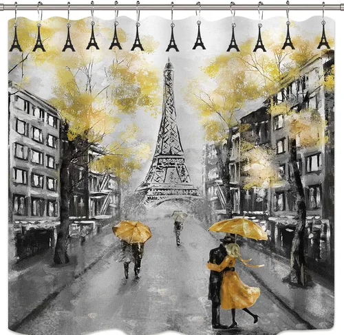 Vista 2 de Juego de 12 ganchos para cortina de ducha de la Torre Eiffel, París París, Francia, desgastado, francés, elegante, estilo cabaña, tema, para el Negro