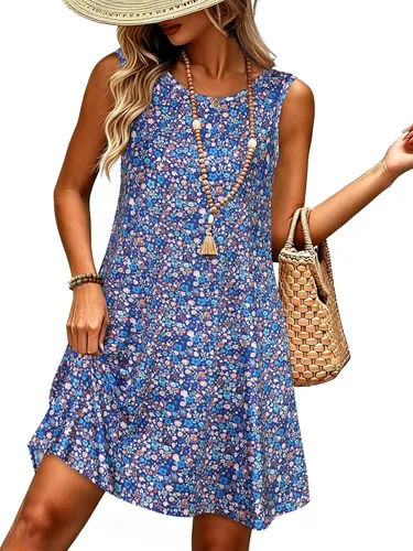Vista 43 de elescat Vestidos de verano para mujer 2025, vestido casual de playa sin mangas con estampado floral, tipo camiseta, suelto y con bolsillos