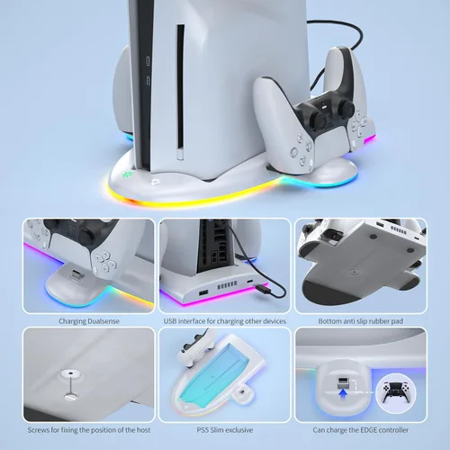 Vista 4 de PS5 Slim Cooling Stand, Dual Controller Charger, RGB Lights & USB 2.0 Port