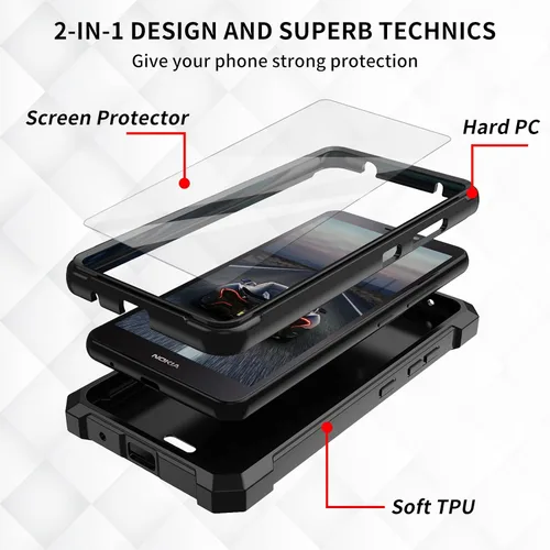 Vista 4 de Funda para Nokia C100 con protector de pantalla de vidrio templado, doble capa resistente a prueba de golpes de policarbonato duro + cubierta