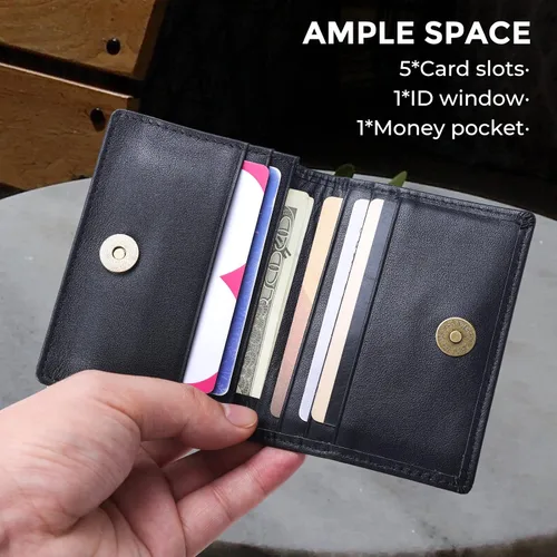 Vista 12 de Bolsillo frontal con bloqueo RFID, minimalista, delgado, de cuero, plegable, para tarjeta de crédito, con ventana de identificación