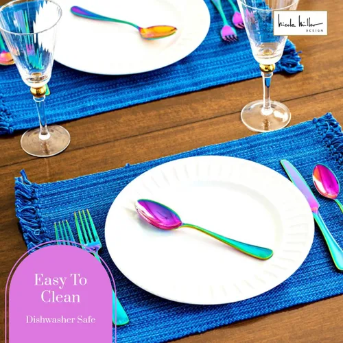 Vista 6 de Nicole Miller - Juego de cubiertos de 20 piezas, diseño de arcoíris, modernos utensilios de cocina de acero inoxidable para un comedor elegante