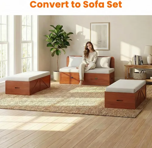 Vista 5 de ijuicy Cama Matrimonial Murphy 4 en 1 con colchón incluido y cajones extragrandes, cama multifuncional que se convierte en sofá para espacios