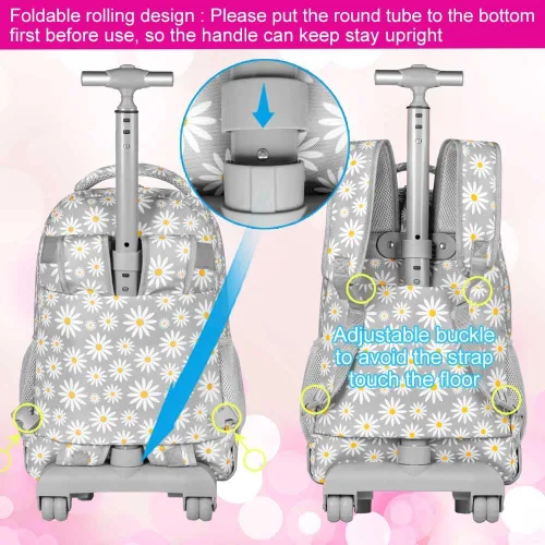 Vista 6 de AGSDON Mochila con ruedas para niñas, bolsa de libros con ruedas enrollables, mochila escolar con ruedas para computadora portátil con ruedas