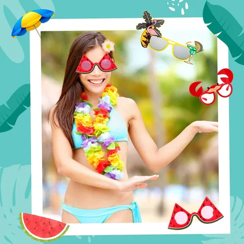 Vista 6 de Macarrie 48 piezas hawaianas Luau suministros para fiestas hawaianas Leis collares pulseras tropicales Luau fiesta gafas divertidas flores hawaianas
