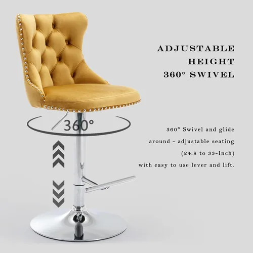 Vista 111 de SoarFlash Juego de 2 taburetes de bar tapizados de terciopelo moderno con patas de madera, botones acolchados, cabeza de clavo cromada, asiento