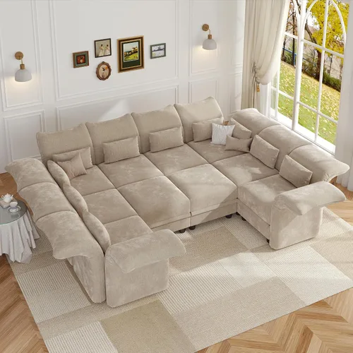 Vista 37 de LLappuil Sofá seccional beige con almacenamiento, sofás modulares de pana para sala de estar con apoyabrazos ajustables, cojines de felpa gruesos, 6