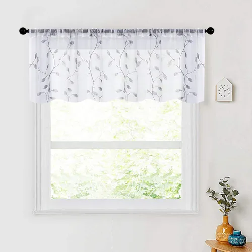 Vista 17 de MRTREES Cenefa de cortina transparente de Navidad, 2 paneles de cortinas bordadas con hojas pequeñas de 54 x 16 pulgadas, bolsillo para barra