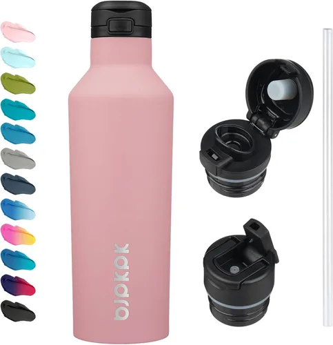 Vista 10 de BJPKPK Botella de agua aislada con pajilla, botellas de agua de acero inoxidable de 17 onzas con 2 tapas y asa de transporte, botella térmica