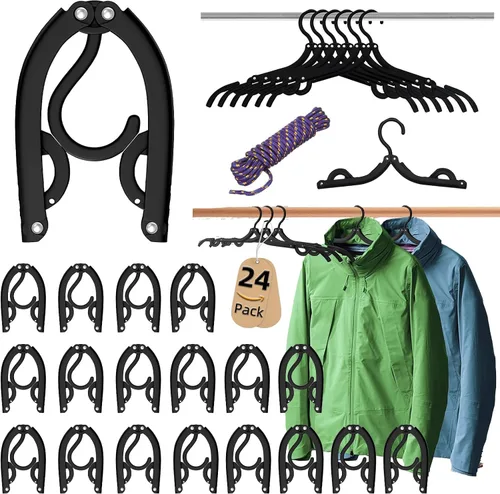Vista 11 de 12 perchas de viaje negras con 24 clips plegables para maleta, perchas plegables portátiles para ropa, artículos esenciales para cruceros