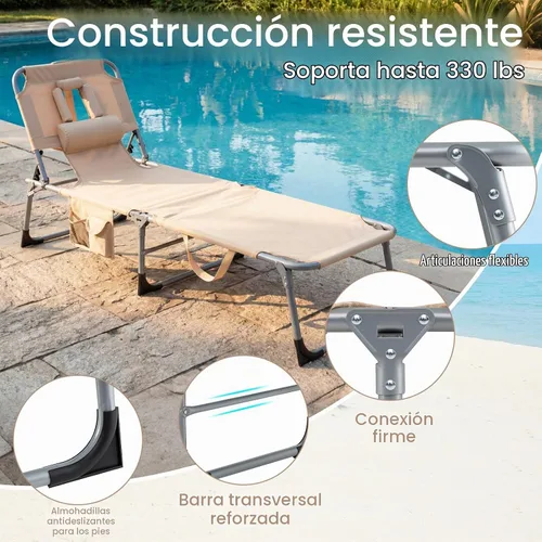 Vista 6 de Goplus Silla bronceadora, silla plegable ajustable para patio con orificio para la cara, almohada extraíble, 330 libras, correa de transporte, silla