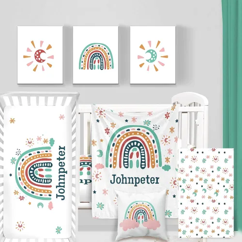 Vista 18 de Juego de ropa de cama personalizado para cuna de bebé, juego de 5 piezas para cuna de bebé, diseño de arco iris y diseño de arco iris, manta de bebé