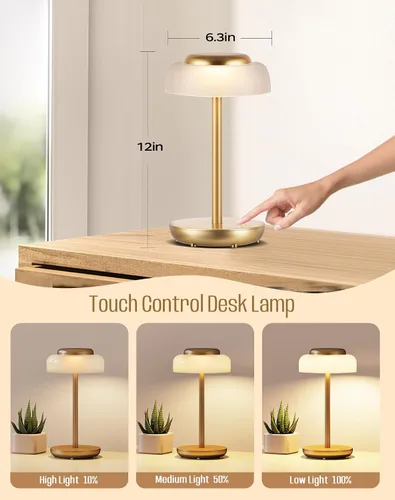 Vista 3 de QiMH Lámpara de mesa LED a pilas, lámpara de escritorio inalámbrica de 5000 mAh con control táctil de brillo de 3 niveles, mini luz nocturna