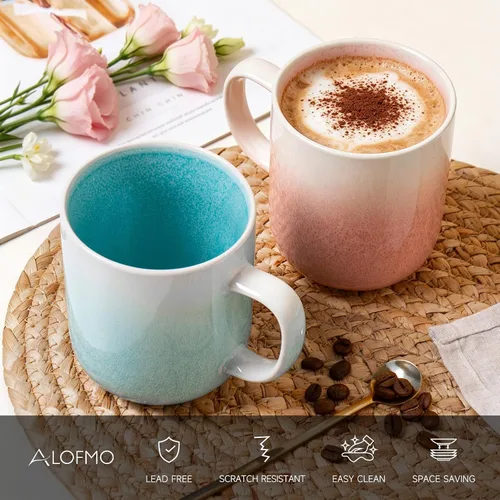 Vista 4 de Juego de 4 tazas de café de gres pintadas a mano de 14 onzas con asa
