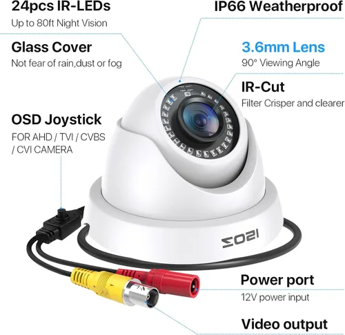 Vista 8 de ZOSI Cámaras de seguridad domo de 1080p (híbridas 4 en 1 HD-CVI/TVI/AHD/960H CVBS analógica), cámara CCTV de vigilancia nocturna de 2 MP