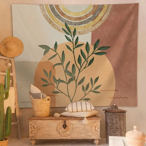 Vista 9 de SUOTEMEIFEI Tapiz de arte bohemio con plantas, tapiz retro con plantas, puesta de sol, paisaje, estético, abstracto, para pared, dormitorio, sala