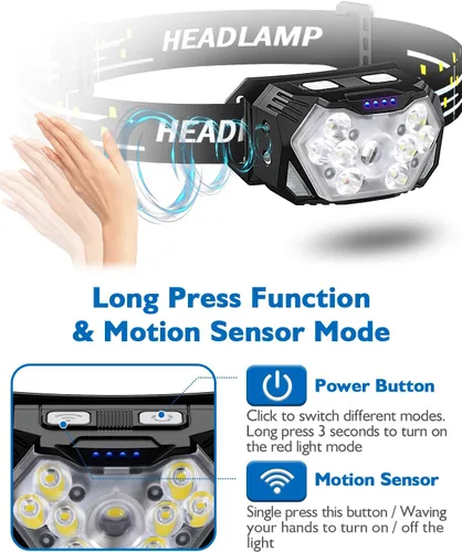 Vista 4 de Linterna frontal ultra brillante de 9 LED de 2000 lúmenes, linterna recargable USB C, 10 modos, lámpara de cabeza con sensor de movimiento