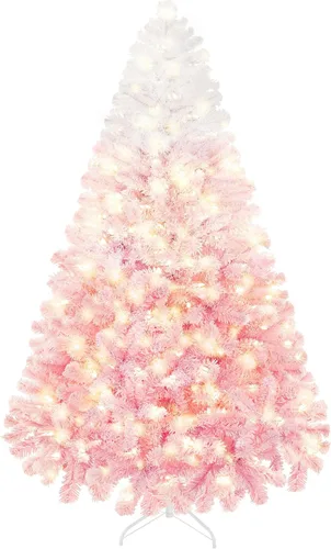 Vista 24 de Yaheetech - Árbol artificial de Navidad preiluminado de 9 pies con luces incandescentes de color blanco cálido, árbol de Navidad con flecos de Verde