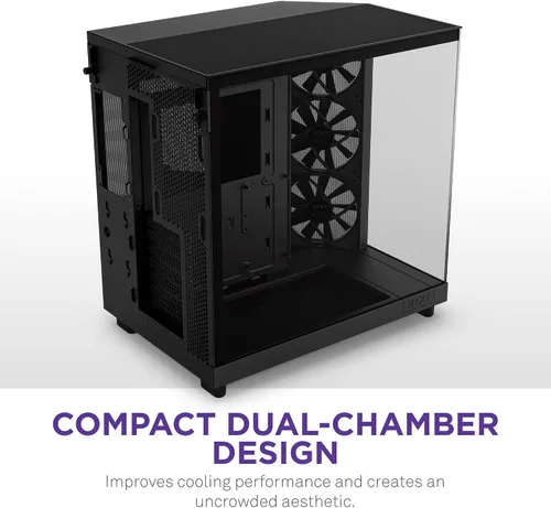 Vista 3 de NZXT H6 Flow CC-H61FB-01 Carcasa compacta de doble cámara de torre media con flujo de aire Paneles de vidrio panorámicos Paneles de flujo