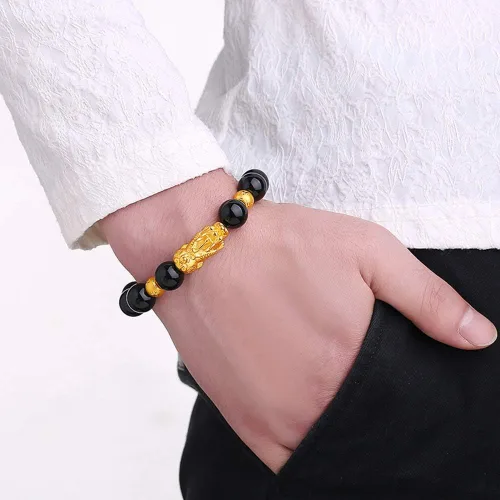 Vista 5 de RIOSO Feng Shui - Pulseras de buena suerte para hombres y mujeres con cuentas de obsidiana y dragón de la suerte, pulsera Pixiu Pi Yao atrae riqueza