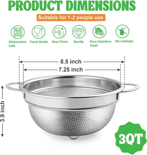 Vista 2 de P&P CHEF Colador de acero inoxidable de 3 cuartos de galón, colador de metal microperforado para alimentos de cocina, ideal para enjuagar, lavar