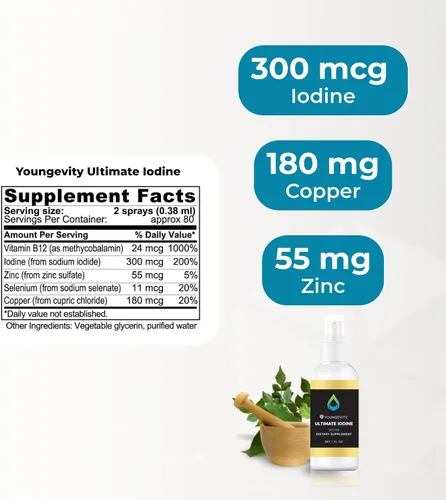 Vista 3 de Youngevity Suplemento de yodo definitivo: suplemento vegano con 300 mcg de yodo, B12, zinc, selenio y cobre, líquido para energía, metabolismo