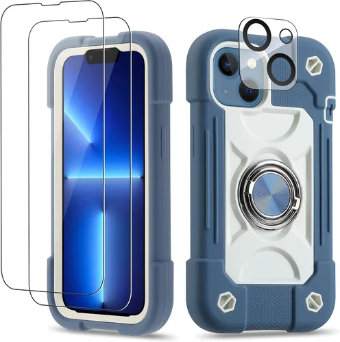 Vista 132 de Funda para iPhone 11 de 6.1 pulgadas con soporte de anillo, con 2 protectores de pantalla de vidrio, resistente a los golpes, resistente a
