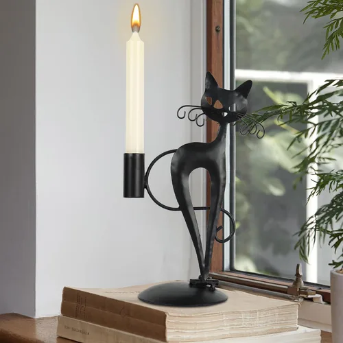 Vista 6 de Candelabro cónico de gato negro para velas LED sin llama, candelabro retro rústico de metal para decoración de gato para centro de mesa, mesa