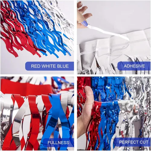 Vista 3 de LOLStar Decoraciones del 4 de julio, paquete de 2 faldas de mesa onduladas de oropel rojo, blanco y azul para mesas rectangulares y redondas