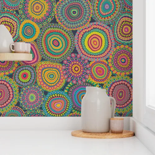 Vista 8 de Despegar y pegar papel tapiz Muestras – Colcha de retazos de abuelas mandala círculo colorido retro hippie personalizado extraíble papel pintado por