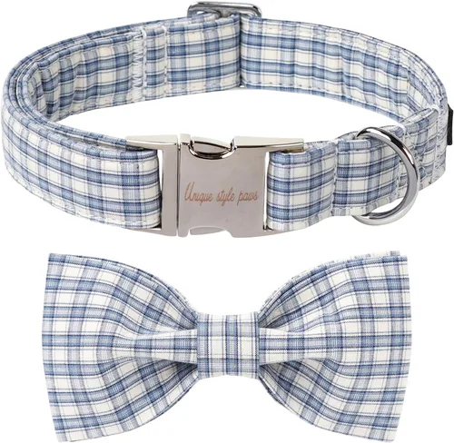 Vista 23 de Unique style paws Collar de perro de algodón con lazo, collar para cachorro con cuadrícula negra y azul para perros pequeños, medianos y grandes