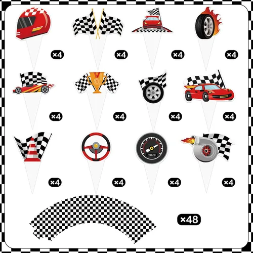 Vista 6 de 48 paquetes de toppers y envolturas de cupcakes de coche de carreras, decoración de pastel de fiesta de carreras con temática de carreras y cuadros