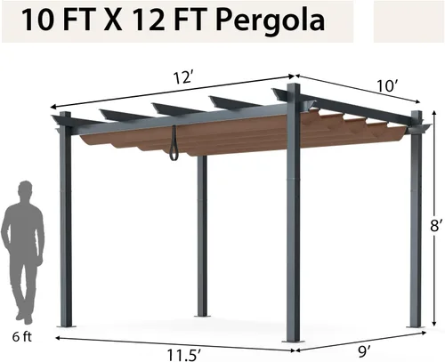 Vista 8 de Tangkula Pérgola de 10 x 12 pies, pérgola de aluminio resistente para exteriores con toldo retráctil, pabellón de refugio de patio extragrande