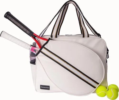 Vista 4 de Remobia Hicol Bolso deportivo grande de piel sintética blanca para mujer, bolsa de hombro para raqueta de tenis, bolsa de mano de tenis para 2