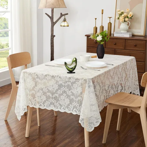 Vista 5 de ASATEX Camino de mesa de encaje de lino dorado de 14 x 36 pulgadas con 2 borlas. El patrón floral clásico y elegante es la opción ideal