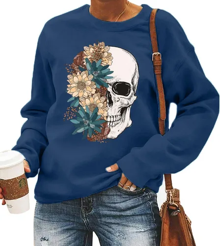 Vista 2 de Bloom Skull - Sudadera para mujer, estilo bohemio, con estampado de calavera, manga larga, cuello redondo, para otoño
