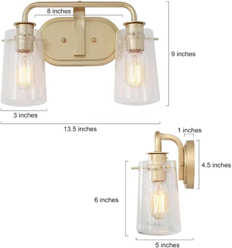 Vista 7 de KSANA Lámparas de baño, 2 luces doradas para tocador sobre espejo con pantalla de vidrio sembrado, accesorios de luz de baño dorados, bombilla E26