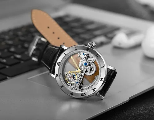 Vista 6 de FORSINING Reloj de esqueleto con correa de cuero genuino de estilo popular Movt automático de lujo para hombre