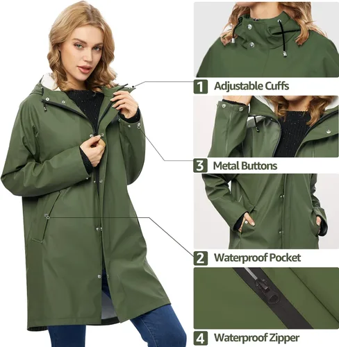 Vista 4 de UNIQUEBELLA Chubasqueros impermeables para mujer, impermeables, abrigos largos con capucha para lluvia, rompevientos, gabardina para exteriores