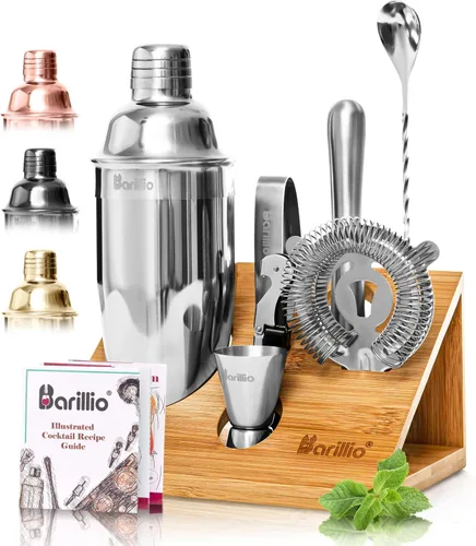 Vista 7 de Barillio Black Bartender Kit – Juego de coctelera de acero inoxidable con soporte de bambú – Herramientas de barra de mixología con coctelera
