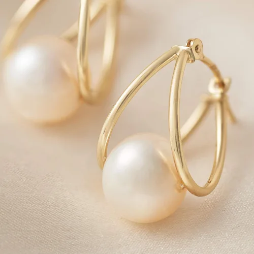 Vista 4 de Ross-Simons 8-9mm Cultured Pearl Double-Hoop Earrings in 14kt Yellow Gold. 34