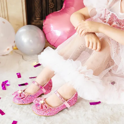 Vista 2 de Furdeour Zapatos de vestir para niñas, zapatos de princesa Mary Jane para bodas, flores, damas de honor, tacones con purpurina para niños pequeños