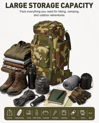 Vista 8 de Mochila táctica de senderismo de camuflaje grande 65L