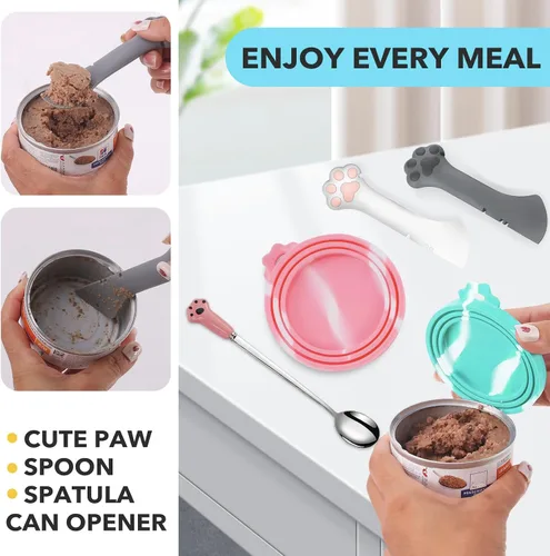 Vista 2 de Juego de 5 tapas y cucharas para latas de comida para mascotas, fundas de silicona para latas de comida para perros y gatos 2 lids fit most cans